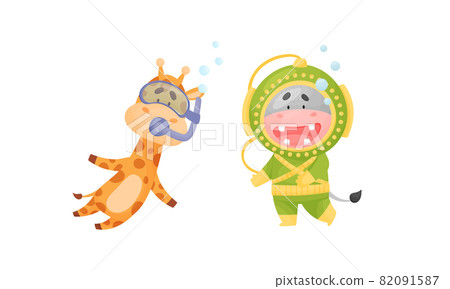 Funny Animal Character Snorkeling and Diving Underwater in Suit and Goggles Vector Set 82091587