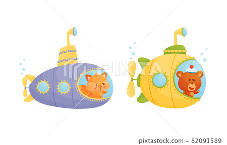 Funny Animal Character Swimming Underwater on Submarine Vector Set 82091589