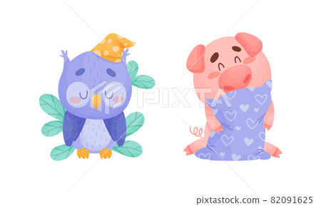 Cute Animal Character in Night Cap Sleeping on Pillow Vector Set 82091625