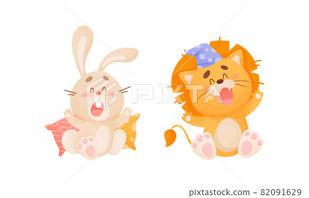 Cute Animal Character in Night Cap with Soft Pillow Yawning Vector Set 82091629