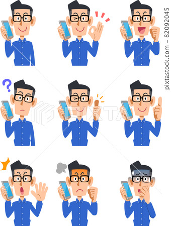 一個戴眼鏡和藍色襯衫的男人用手機說話的九個姿勢 82092045