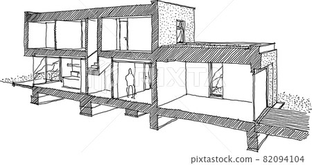 hand drawn architectural sketch of cross section through a modern detached house hand drawn architectural sketch of cross section through a modern detached house 82094104