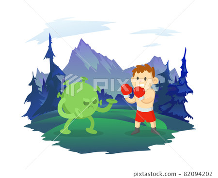 A boy boxer fights with a virus covid-19. Mountain landscape in the background. Sports and a healthy lifestyle against the coronavirus pandemic. Vector illustration, isolated on white. 82094202