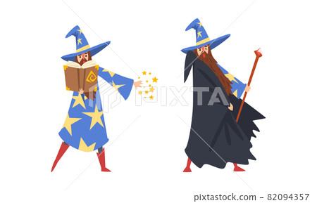 Sorcerer in Pointed Hat and Starry Gown Practicing Wizardry and Witchcraft with Magic Stick and Spellbook Vector Set Sorcerer in Pointed Hat and Starry Gown Practicing Wizardry and Witchcraft with Magic Stick and Spellbook Vector Set 82094357