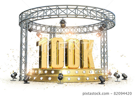 100k followers celebration. Number 100k on the stage with spotlight and confetti. 82094420