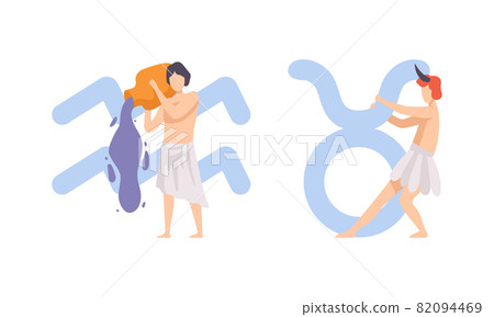 Astrological Sign or Sign of Zodiac with Male Near Aquarius and Taurus Symbol Vector Set Astrological Sign or Sign of Zodiac with Male Near Aquarius and Taurus Symbol Vector Set 82094469