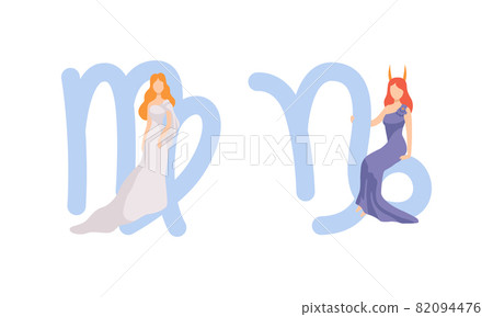 Astrological Sign or Sign of Zodiac with Female Near Virgo and Capricorn Symbol Vector Set 82094476