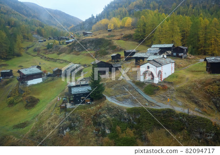 Zermatt, Switzerland-October 21, 2019:View of The Old Building on Furi cable car station in autumn and rainny day. at furi village ,Zermatt ,Switzerland. 82094717