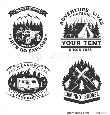Set of camping badges, patches. Vector illustration. Concept for shirt or logo, print, stamp or tee Vintage typography design with camping equipment, forest, camper rv, atv and mountain silhouette 82097014