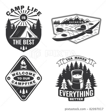 Set of camping badges, patches. Vector illustration Concept for shirt or logo, print, stamp or tee. Vintage typography design with pot on camping fire, kayak, camper tent and mountain silhouette. 82097017