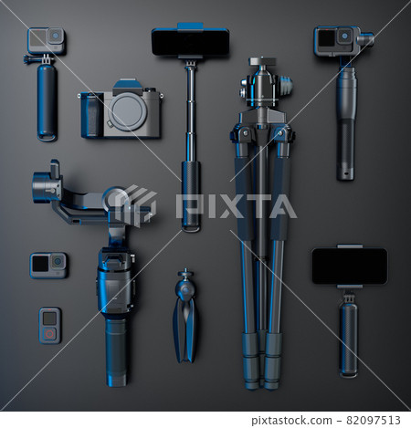 Top view of designer workspace and photography gear on black table background 82097513