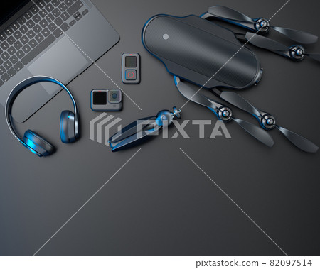 Top view of designer workspace and photography gear on black table background Top view of designer workspace and photography gear on black table background 82097514