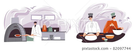 Chef team cooking in kitchen, bakery shop vector Chef team cooking in kitchen, bakery shop vector 82097744