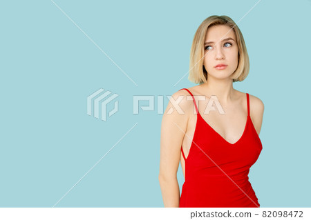 Pensive woman. Problem choice. Disbelief feelings. Hesitancy ambivalence. Pretty puzzled lady thinking about trouble isolated blue copy space. Pensive woman. Problem choice. Disbelief feelings. Hesitancy ambivalence. Pretty puzzled lady thinking about trouble isolated blue copy space. 82098472