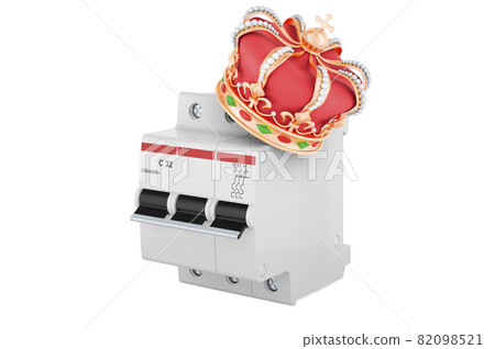 Three-pole miniature circuit breaker with golden crown, 3D rendering Three-pole miniature circuit breaker with golden crown, 3D rendering 82098521