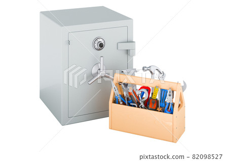 Safe box with toolbox. Service and repair of safe box combination, 3D rendering Safe box with toolbox. Service and repair of safe box combination, 3D rendering 82098527