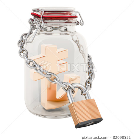 Lira symbol inside glass jar with chain and padlock. Financial insurance concept. 3D rendering Lira symbol inside glass jar with chain and padlock. Financial insurance concept. 3D rendering 82098531