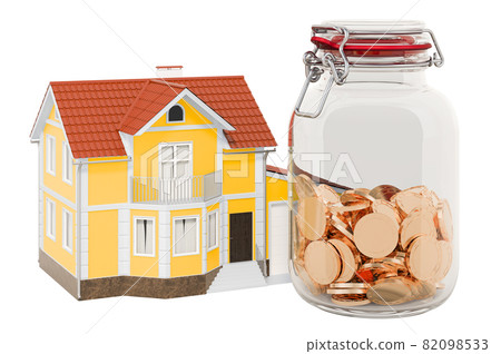 Home with glass jar full of golden coins, 3D rendering 82098533