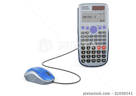 Electronic calculator with computer mouse. 3D rendering 82098541