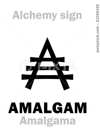 Alchemy Alphabet: AMALGAM (mdv.Latin: Amalgama "alloy") -- alloy / fusion of mercury with another metal. Mercuride: Chemical formula=[Hg+Me]. Alchemical sign, Medieval symbol. 82099388