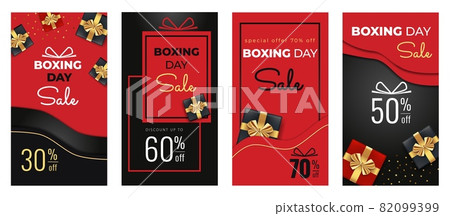 Boxing Day Sale templates set for social media stories and messages with top view of black, red gift boxes, golden ribbon bow, and abstract background. Promotion special offer discount vertical banner 82099399