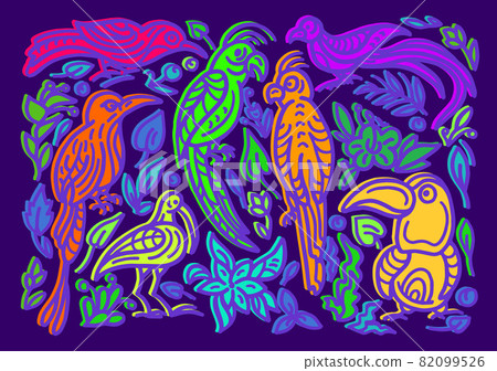 Color bright vector background with birds. Paradise tropical set 82099526