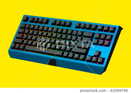 Blue computer keyboard with rgb colors isolated on yellow background. Blue computer keyboard with rgb colors isolated on yellow background. 82099790