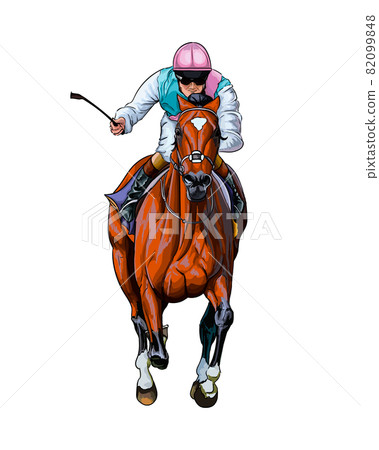 Horse racing with a jockey from splash of watercolors, colored drawing, realistic, Horseback riding Horse racing with a jockey from splash of watercolors, colored drawing, realistic, Horseback riding 82099848