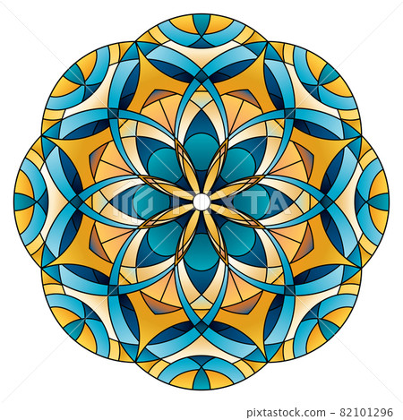 Round ornament oriental stained glass mandala in yellow and blue colors 82101296