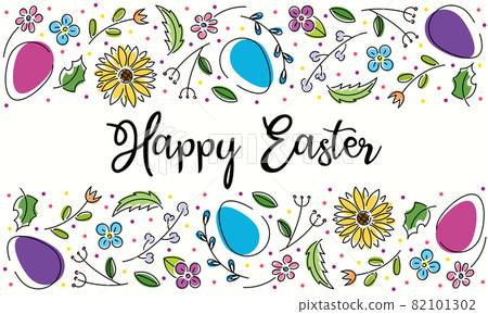 Bright spring illustration of eggs and flowers. Happy Easter. Background with text for paper, postcards, invitations Bright spring illustration of eggs and flowers. Happy Easter. Background with text for paper, postcards, invitations 82101302
