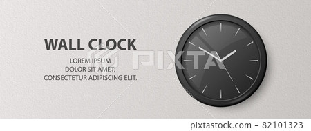 Vector 3d Realistic Black Wall Office Clock on Textured White Wall Background. Design Template, Banner with Office Clock, Black Dial in Interior. Mock-up for Branding Vector 3d Realistic Black Wall Office Clock on Textured White Wall Background. Design Template, Banner with Office Clock, Black Dial in Interior. Mock-up for Branding 82101323