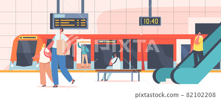 People at Subway Station, Characters at Public Metro Platform with Train, Escalator, Map, Clock and Digital Display 82102208