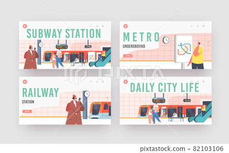 Subway Station Landing Page Template Set. People on Platform with Train, Escalator, Map, Clock, Digital Display, Metro Subway Station Landing Page Template Set. People on Platform with Train, Escalator, Map, Clock, Digital Display, Metro 82103106