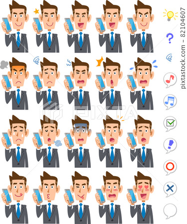 20 different facial expressions and upper body of a businessman talking on a smartphone 82104607