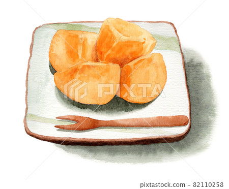 Analog watercolor peeled and cut seedless persimmon 82110258