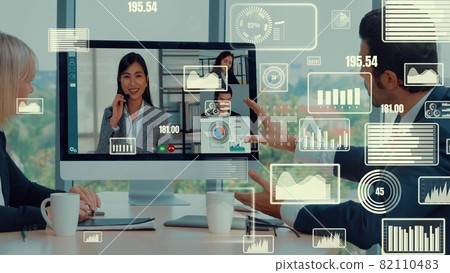 Creative visual of business people in a corporate staff meeting on video call Creative visual of business people in a corporate staff meeting on video call 82110483
