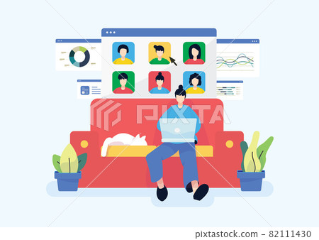 young woman sitting on sofa with laptop. online video call conference with friends or colleagues. vector illustration for training, webinar, education. Work from home concept flat design young woman sitting on sofa with laptop. online video call conference with friends or colleagues. vector illustration for training, webinar, education. Work from home concept flat design 82111430