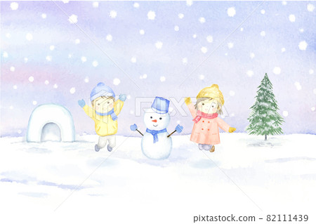 Winter children Kamakura Tomomi tree and snowman watercolor background Winter children Kamakura Tomomi tree and snowman watercolor background 82111439
