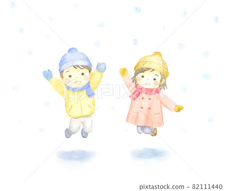 孩子們在雪地裡跳躍水彩插圖 孩子們在雪地裡跳躍水彩插圖 82111440