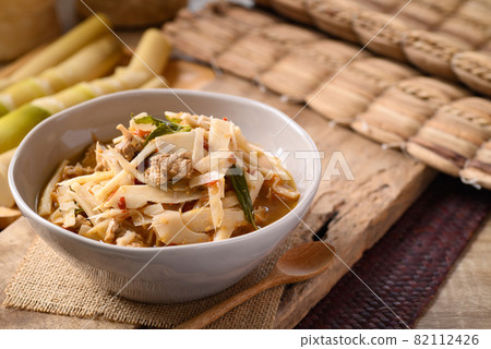 Local Thai food, Fermented bamboo shoot spicy soup with pork 82112426