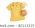 Blank yellow female t-shirt mockup on white isolated background with straw bag. 82113215