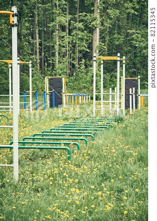Sports ground with trainers on green lawn with flowers Sports ground with trainers on green lawn with flowers 82115345