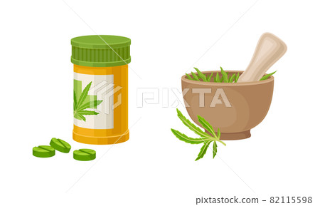 Cannabis Tablet in Bottle and Pestle Grounding Plant in Mortar Vector Set Cannabis Tablet in Bottle and Pestle Grounding Plant in Mortar Vector Set 82115598