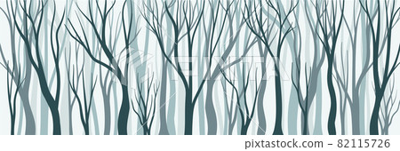 Bare Tree Silhouette with Tall Trunk and Branched Top as Misty Forest Horizontal Backdrop Vector Illustration 82115726