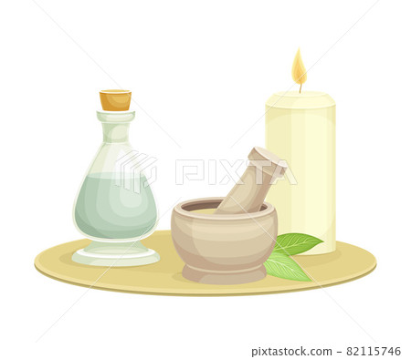 Spa and Aromatherapy with Burning Candle, Essential Oil in Corked Jar and Pestle with Mortar Vector Composition Spa and Aromatherapy with Burning Candle, Essential Oil in Corked Jar and Pestle with Mortar Vector Composition 82115746