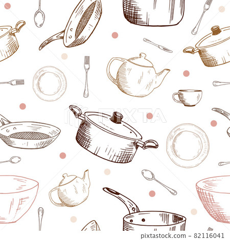Kitchenware and utensil. Hand-drawn vector sketches. Seamless pattern. 82116041