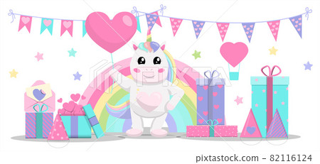 Cute vector unicorn with a balloon. Invitation for kids party. A set of gifts, garlands and sweets for the holiday. Illustrations for girls.Magic illustration with unicorn and different elements of Cute vector unicorn with a balloon. Invitation for kids party. A set of gifts, garlands and sweets for the holiday. Illustrations for girls.Magic illustration with unicorn and different elements of 82116124