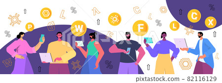 businesspeople mining different virtual money coins on laptops cryptocurrency exchange banking transaction 82116129