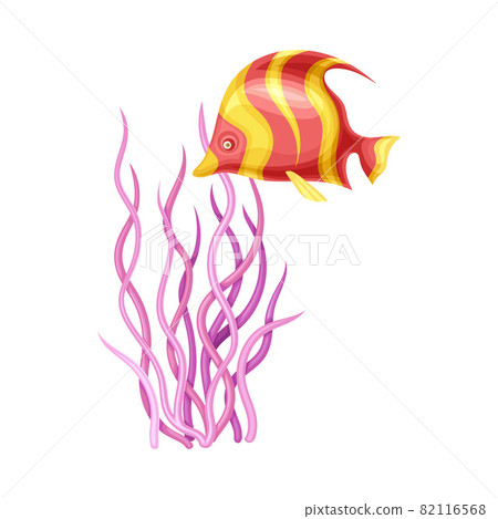Purple Sea Coral and Floating Fish as Ocean Bottom Vector Composition 82116568