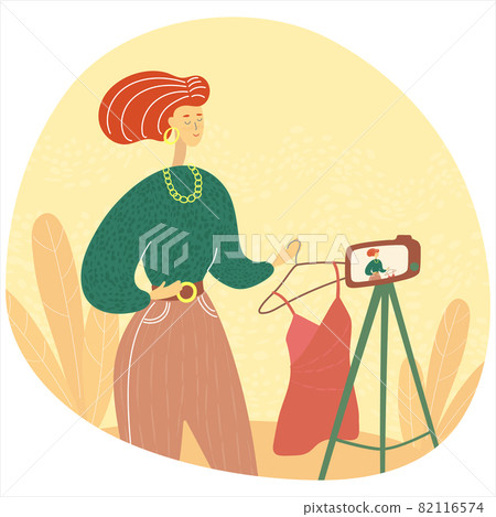 Character creating video for blog or vlog review. Fashion blogger presenting modern garments. Stylist showing stylish trendy clothing. Flat isolated illustration 82116574
